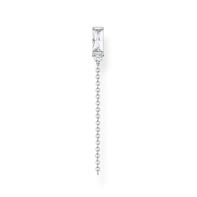 Single Ear Stud Baguette Cut With Chain - Silver