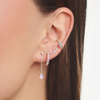 Single Ear Stud Curved Pink And White Stones - Silver