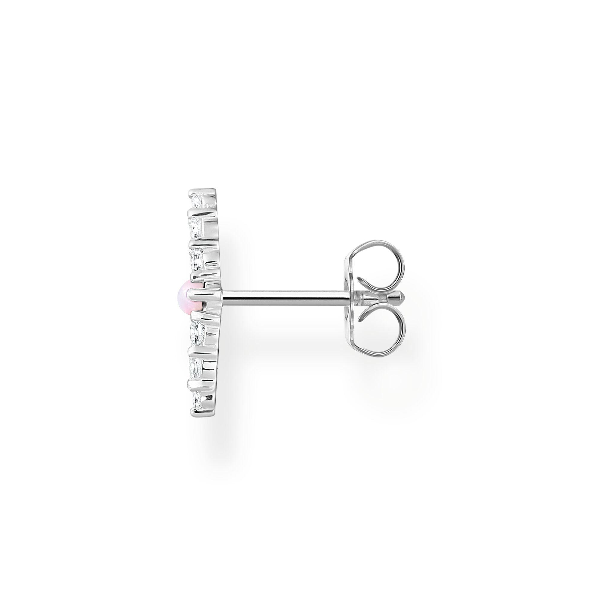 Single Ear Stud Curved Pink And White Stones - Silver