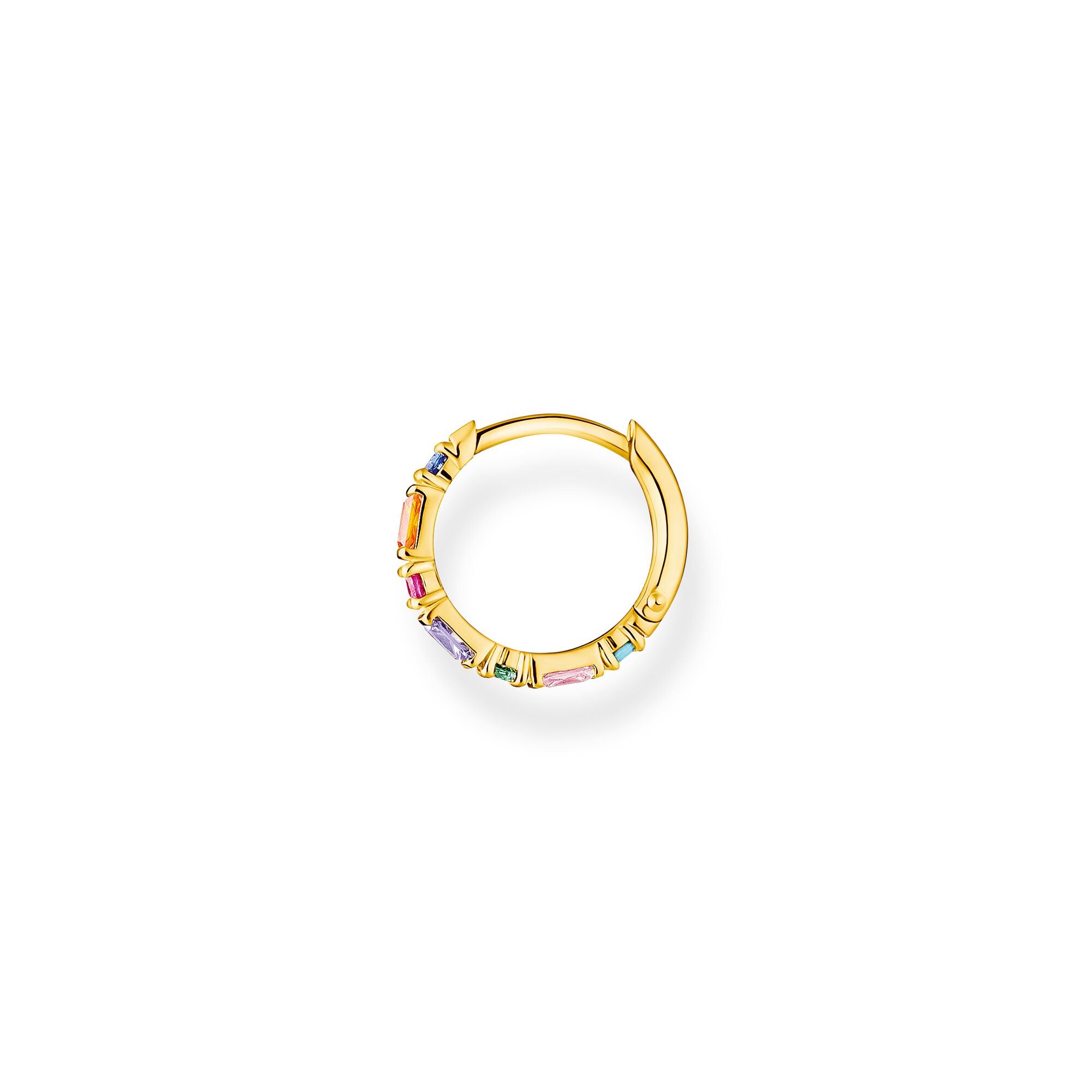 Single Hoop Earring Baguette And Round Cut Rainbow Stones - Gold