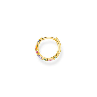Single Hoop Earring Baguette And Round Cut Rainbow Stones - Gold