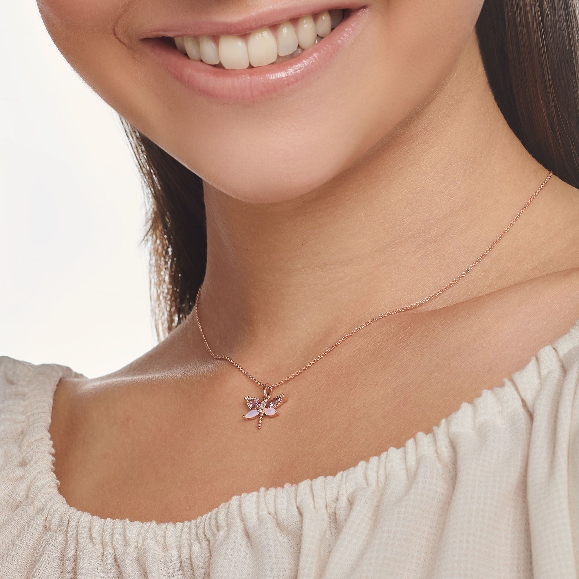 Violet Dragonfly Necklace - Rose Gold