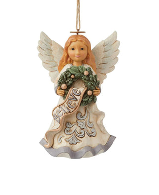 Jim Shore White Woodland Angel Believe Hanging Ornament