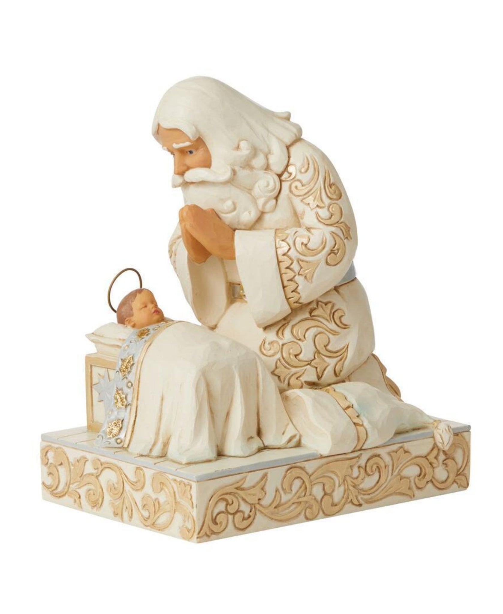 Jim Shore White Woodland Holiday Santa with Baby Jesus Figurine