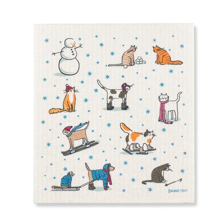 Winter Sports Cats Swedish Dishcloth