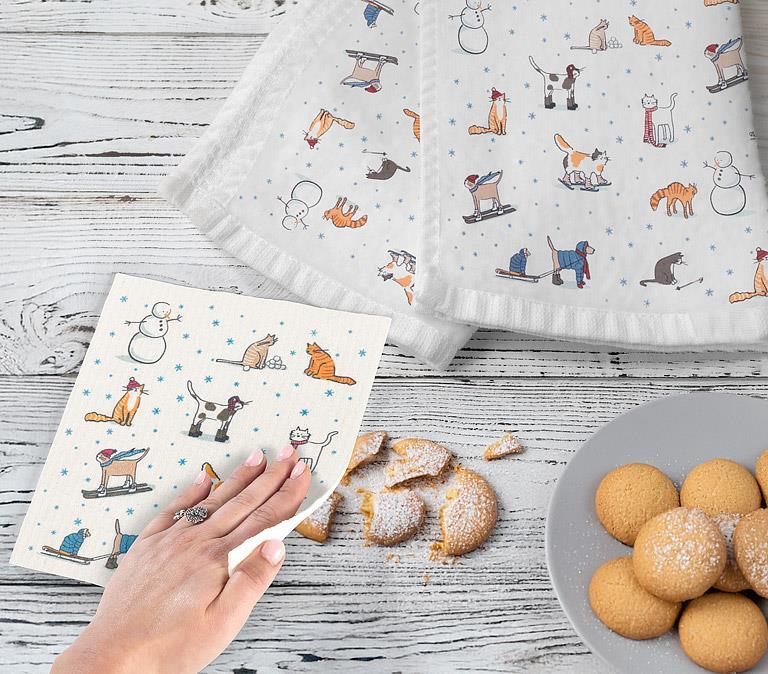 Winter Sports Cats Swedish Dishcloth