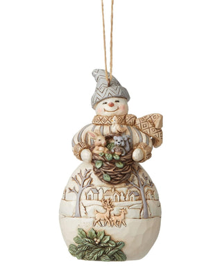 Jim Shore White Woodland Snowman with Basket Ornament