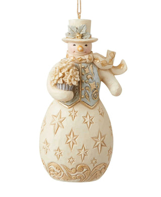 Jim Shore White Woodland Snowman Holding Flowers Ornament