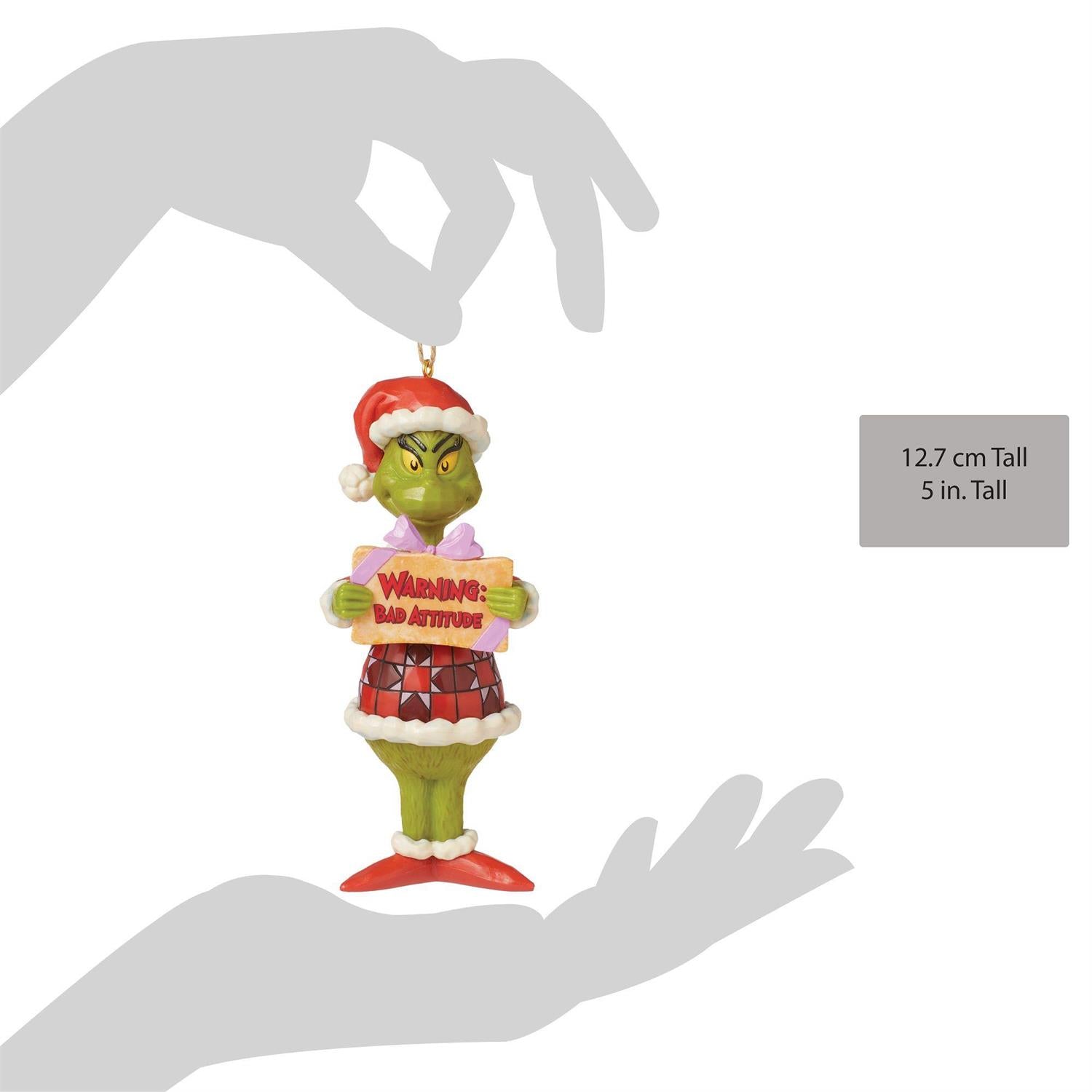 Jim Shore Grinch Holding Warning: Bad Attitude Sign Hanging Ornament
