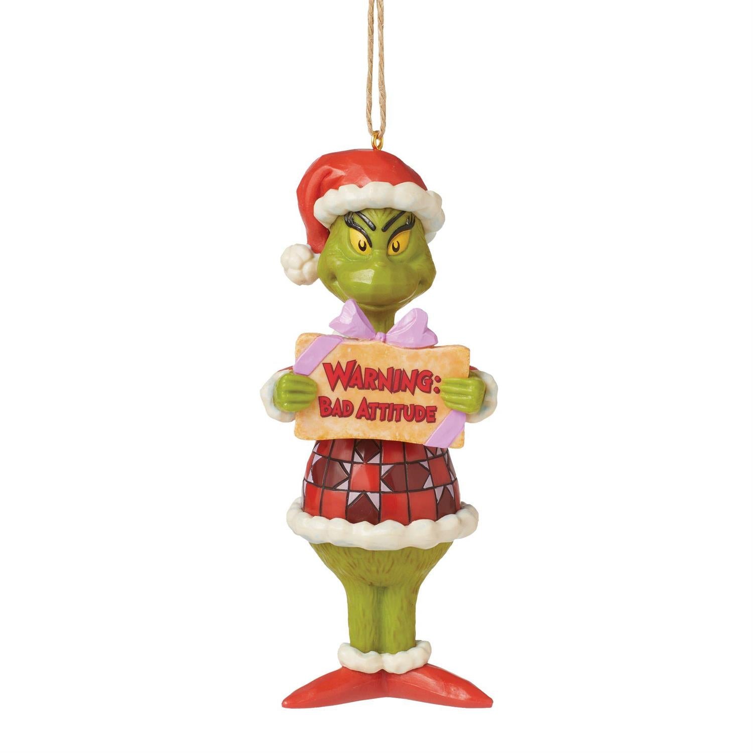 Jim Shore Grinch Holding Warning: Bad Attitude Sign Hanging Ornament