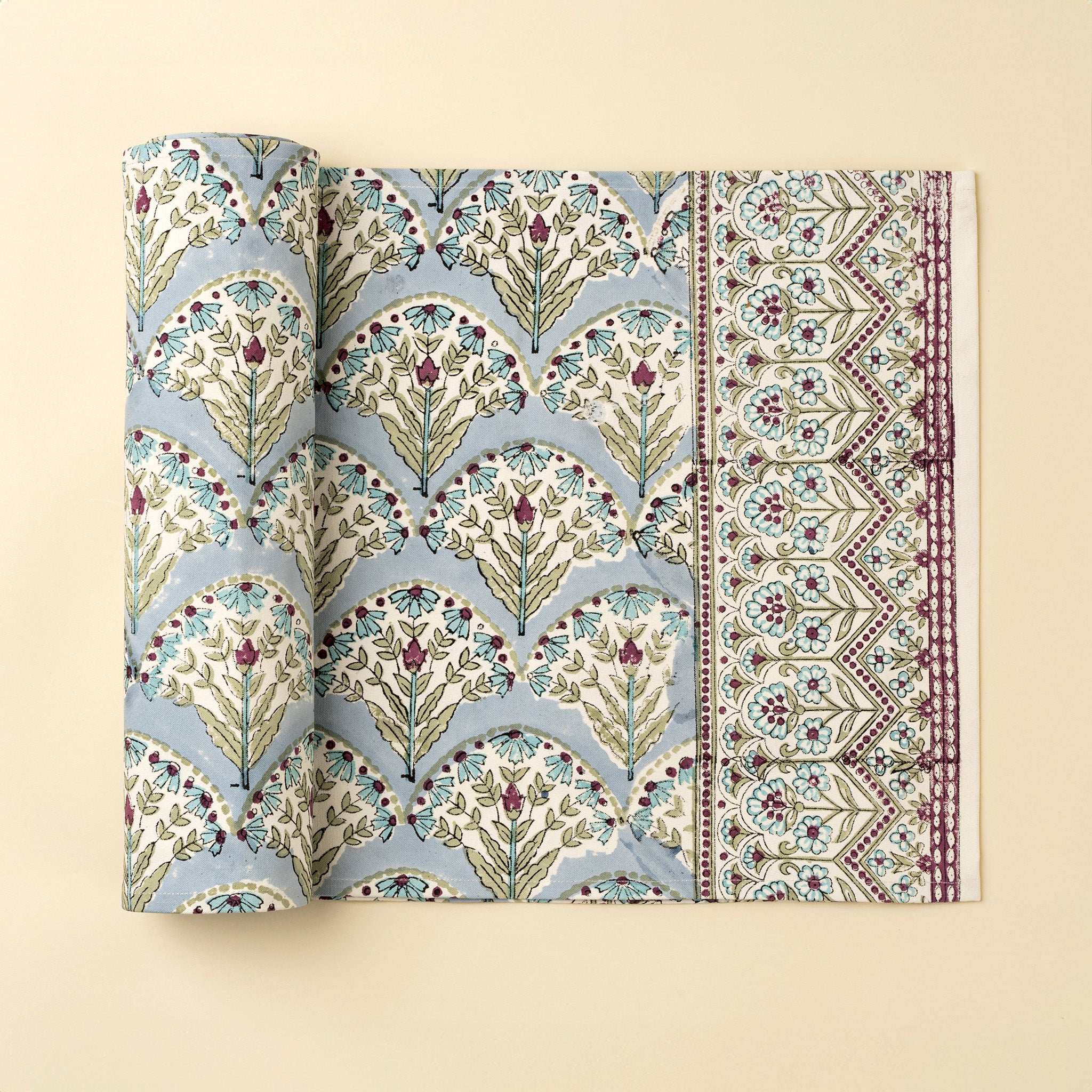 Sakura Block Print Table Runner Blue