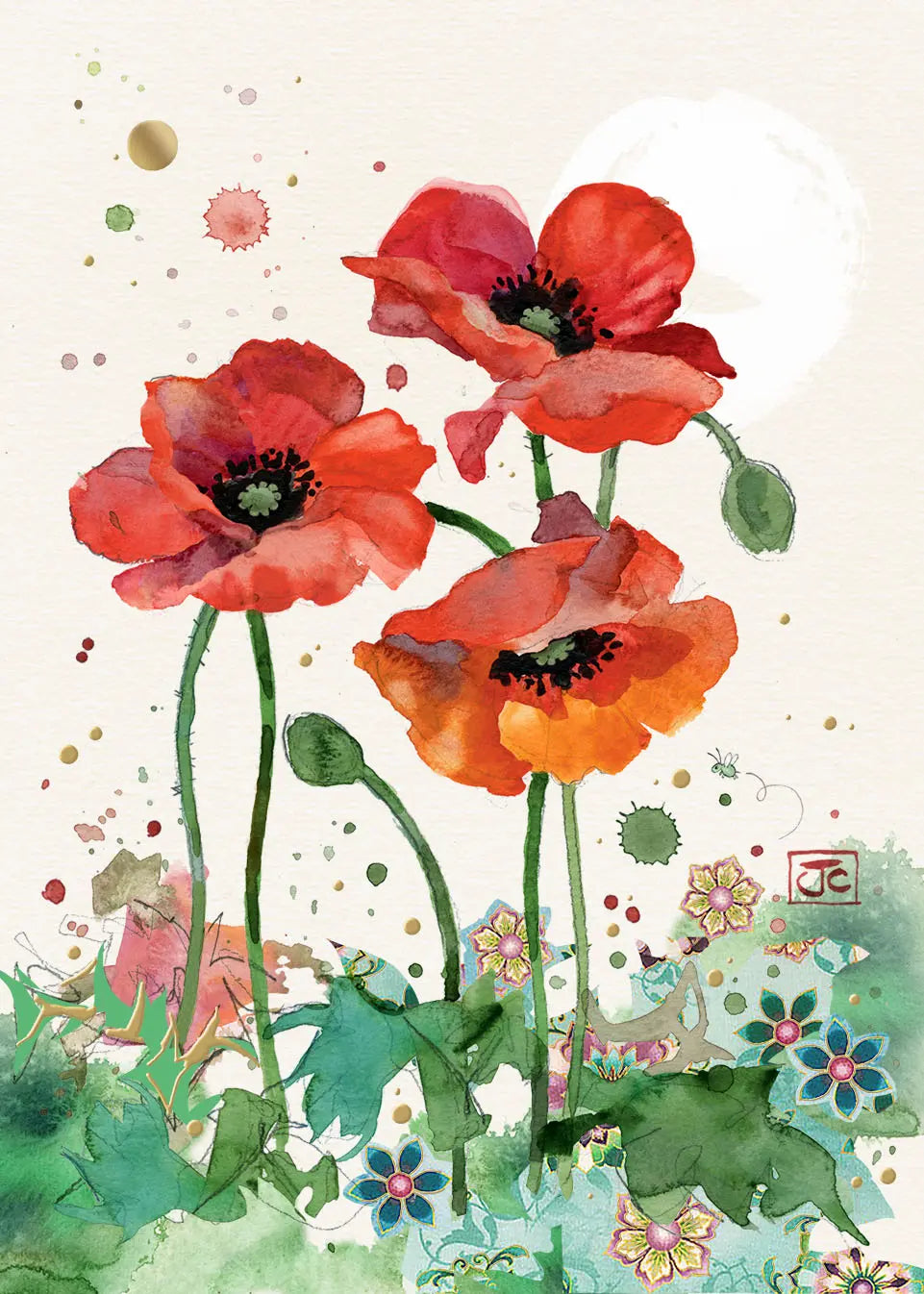 Bug Art Three Red Poppies Card Blank