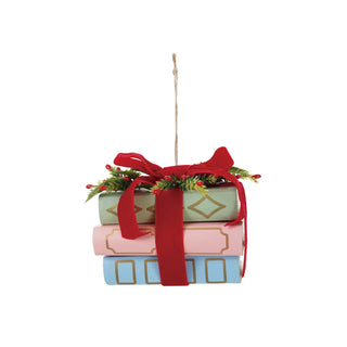 Paper Stacked Books Ornament With Velvet Ribbon & Holly