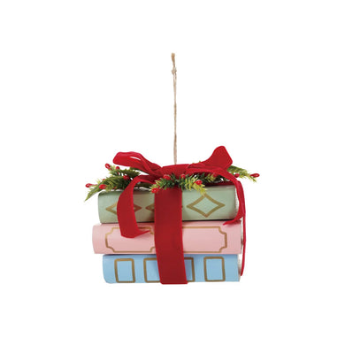 Paper Stacked Books Ornament With Velvet Ribbon & Holly