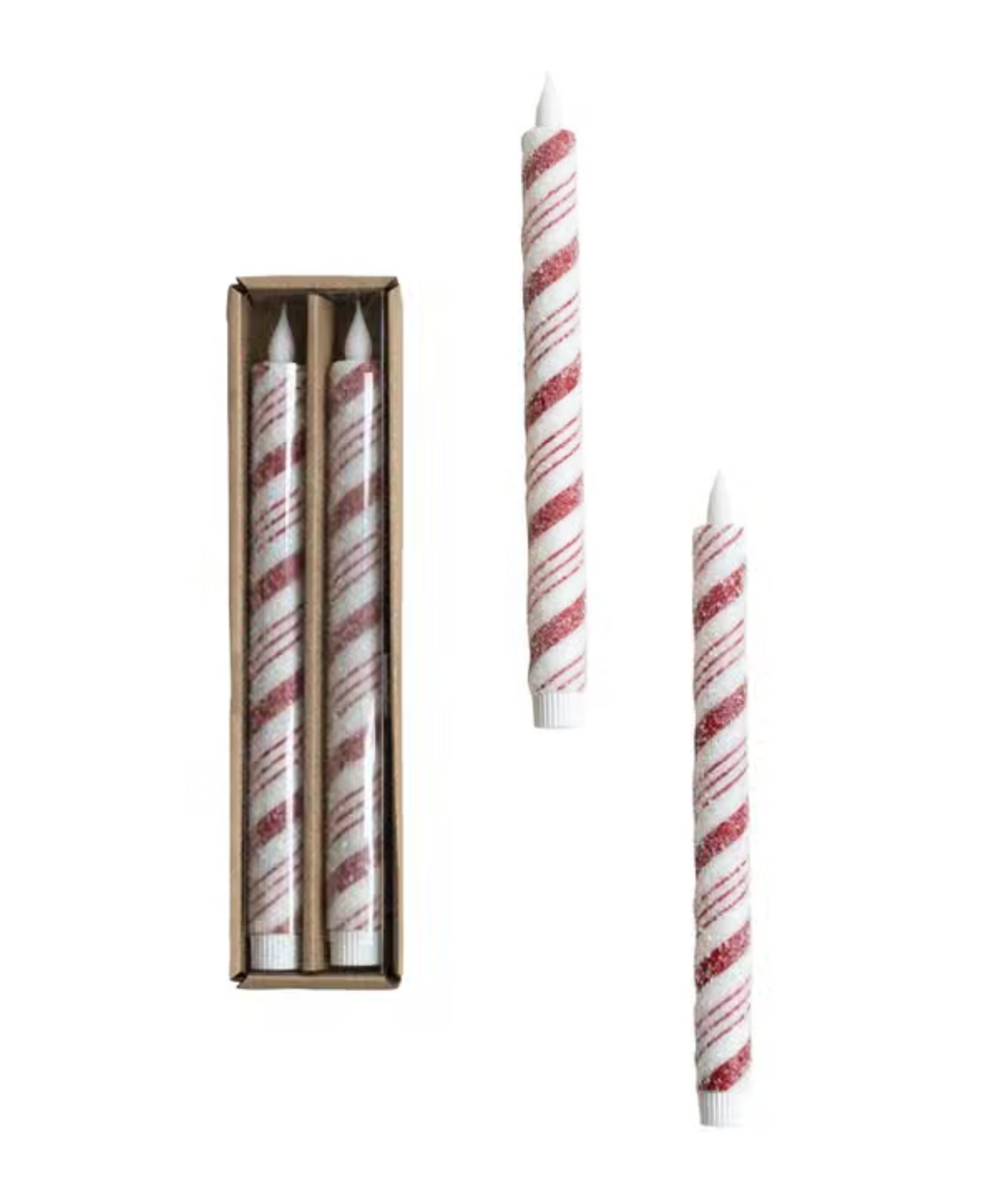 Flameless LED Taper Candles w/ Candy Cane Stripes, Red & White w/ Sugar, Set of 2