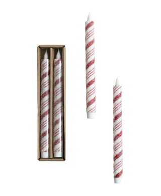 Flameless LED Taper Candles w/ Candy Cane Stripes, Red & White w/ Sugar, Set of 2