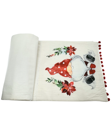 Ganz Gnome & Poinsettia Table Runner with Pom Poms
