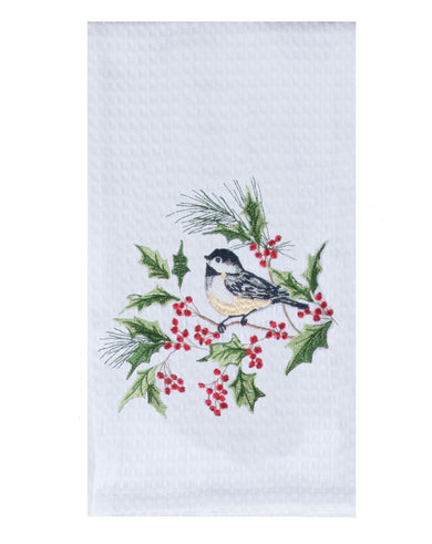 Chickadee Embroidered Waffle Towel Kitchen Towel