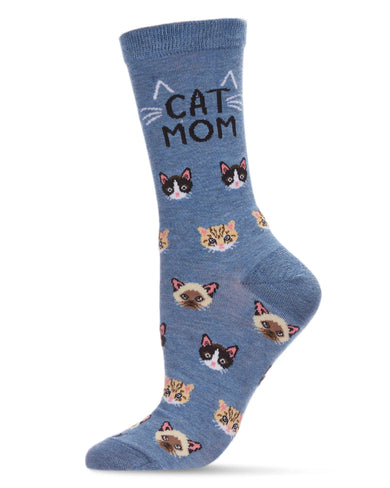 Women's Cat Mom Bamboo Blend Crew Socks - Denim Heather