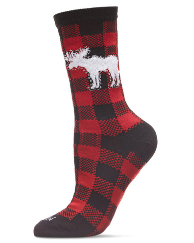 Women's Buffalo Plaid Moose Crew Socks