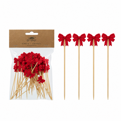 Bamboo Picks W/ Bow Shaped Handles, Natural & Red, Set of 50