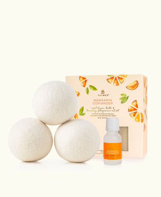 Thymes Mandarin Coriander Wool Dryer Balls & Laundry Fragrance Oil Set