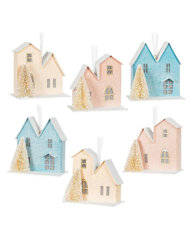 Pastel House & Tree Ornaments - Set of 6