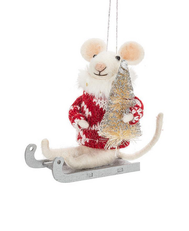 Winter Mouse On Sled Ornament