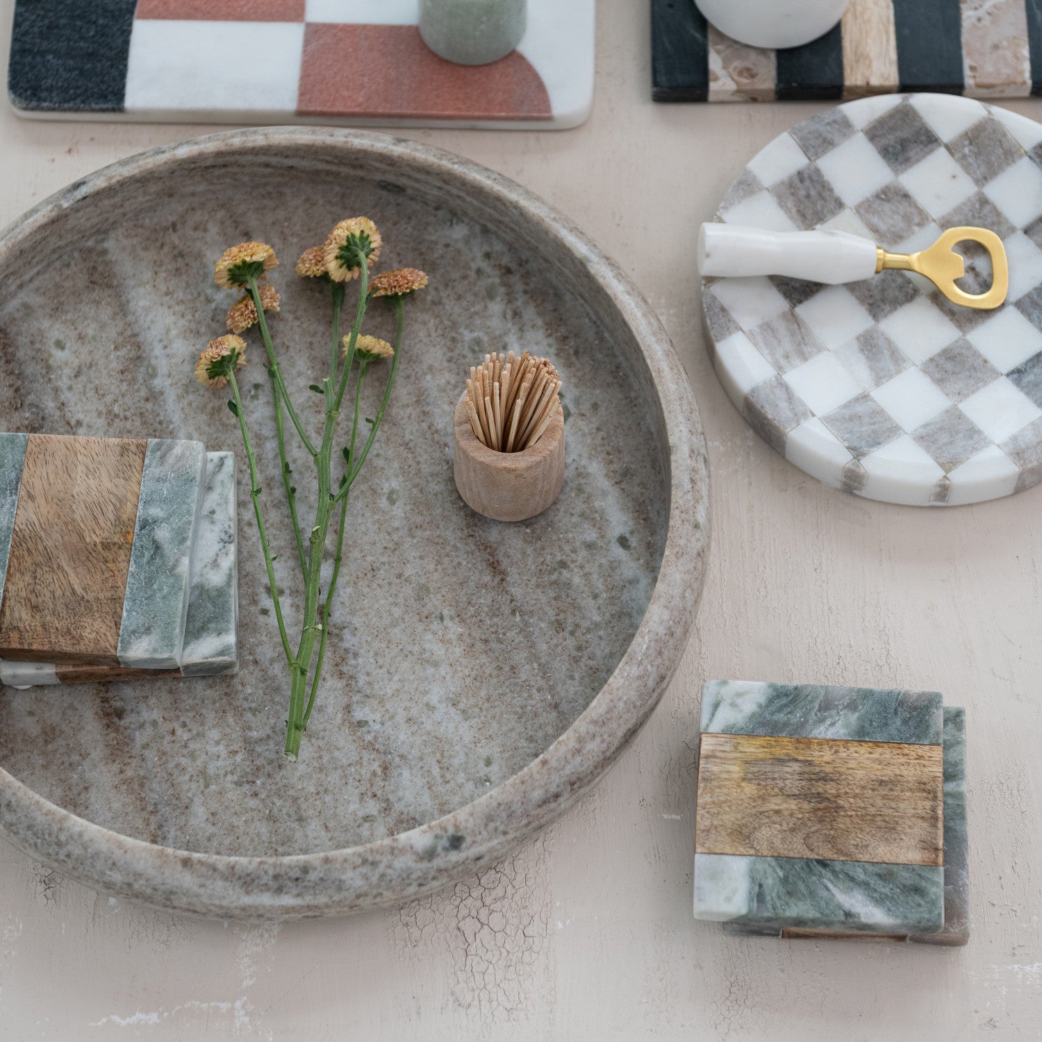 Stainless Steel & Marble Bottle Opener - Gold Finish & White