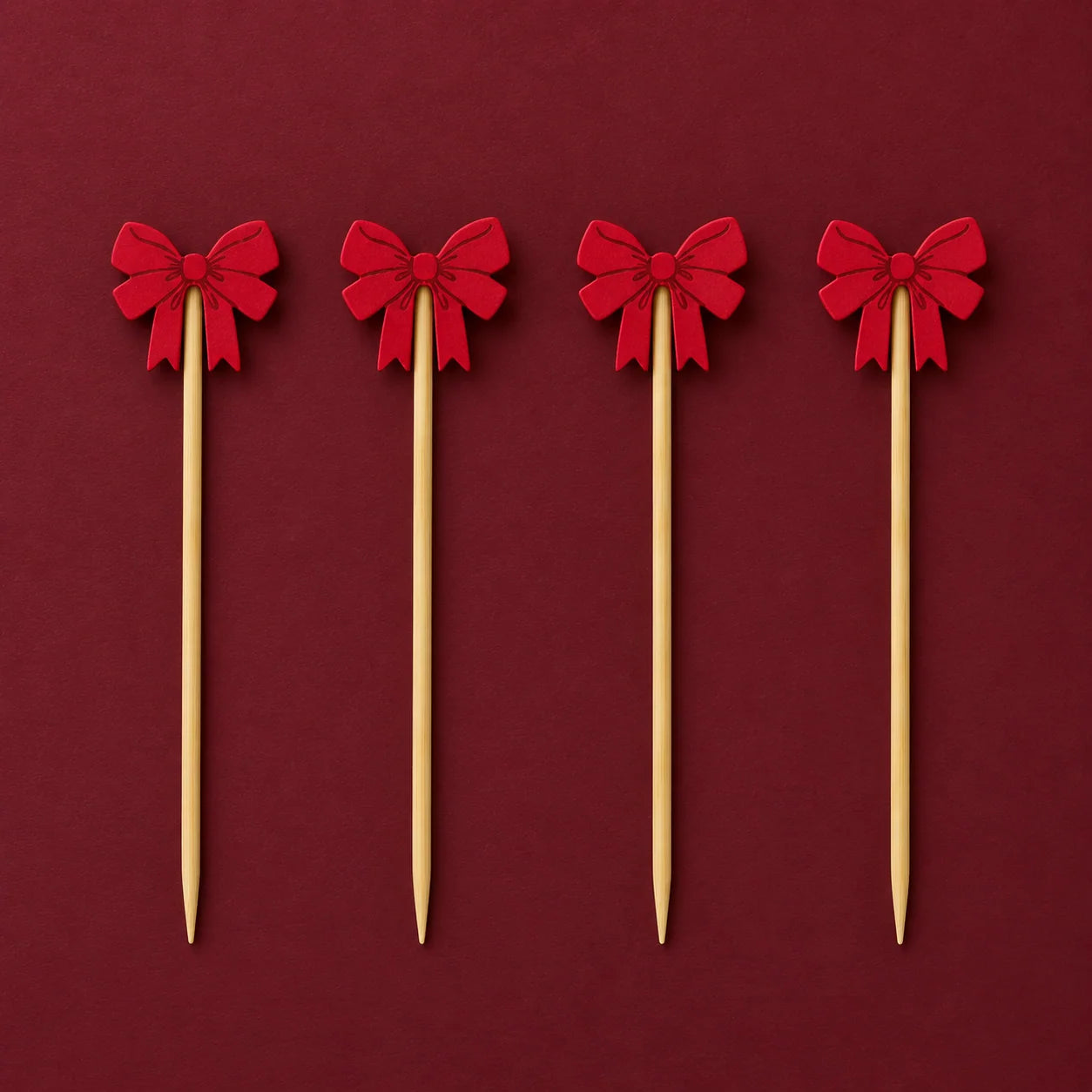 Bamboo Picks W/ Bow Shaped Handles, Natural & Red, Set of 50
