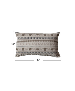 Cotton Embroidered Lumbar Pillow With Reindeer And Snowflakes