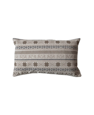 Cotton Embroidered Lumbar Pillow With Reindeer And Snowflakes