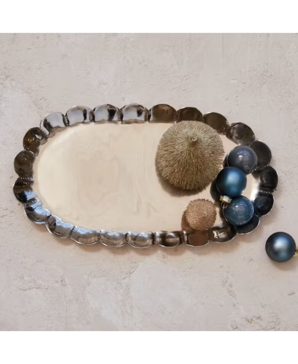 Creative Co-Op Decorative Metal Bowl With 3D Birds - Antique White & Blue Scalloped Design, 5"L X 5.75"W