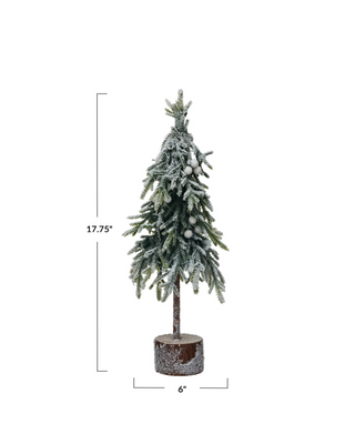 Faux Fir Tree With Wood Base, Snow Finish, Green - 11 3/4