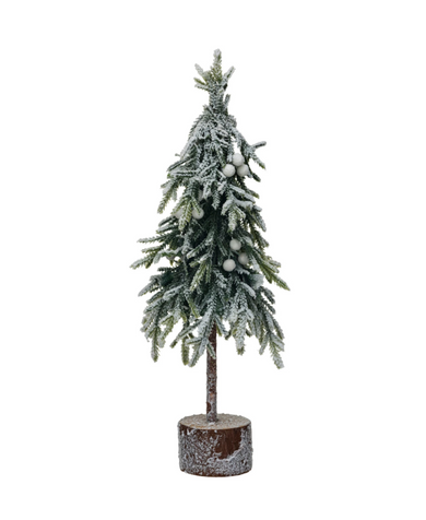 Faux Fir Tree With Wood Base, Snow Finish, Green - 17 3/4