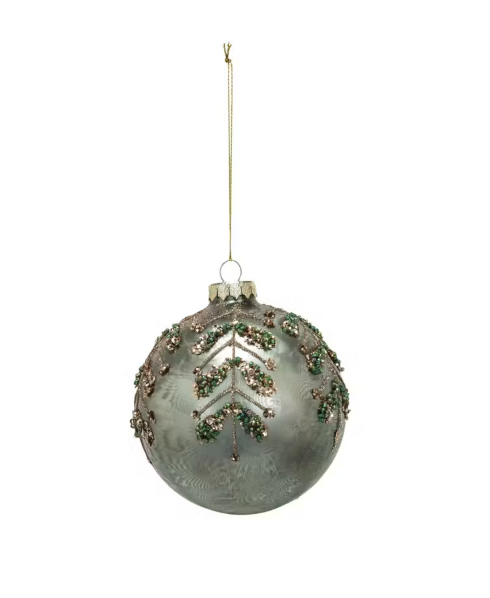 Glass Ball Ornament w/ Glitter, Sequins & Beads - Sage