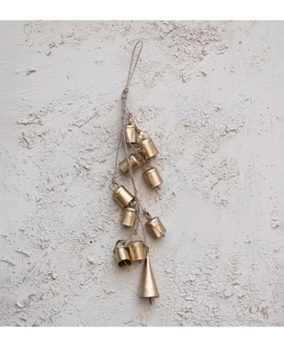 Handmade Hanging Metal Bells on Jute Rope, Gold Finish