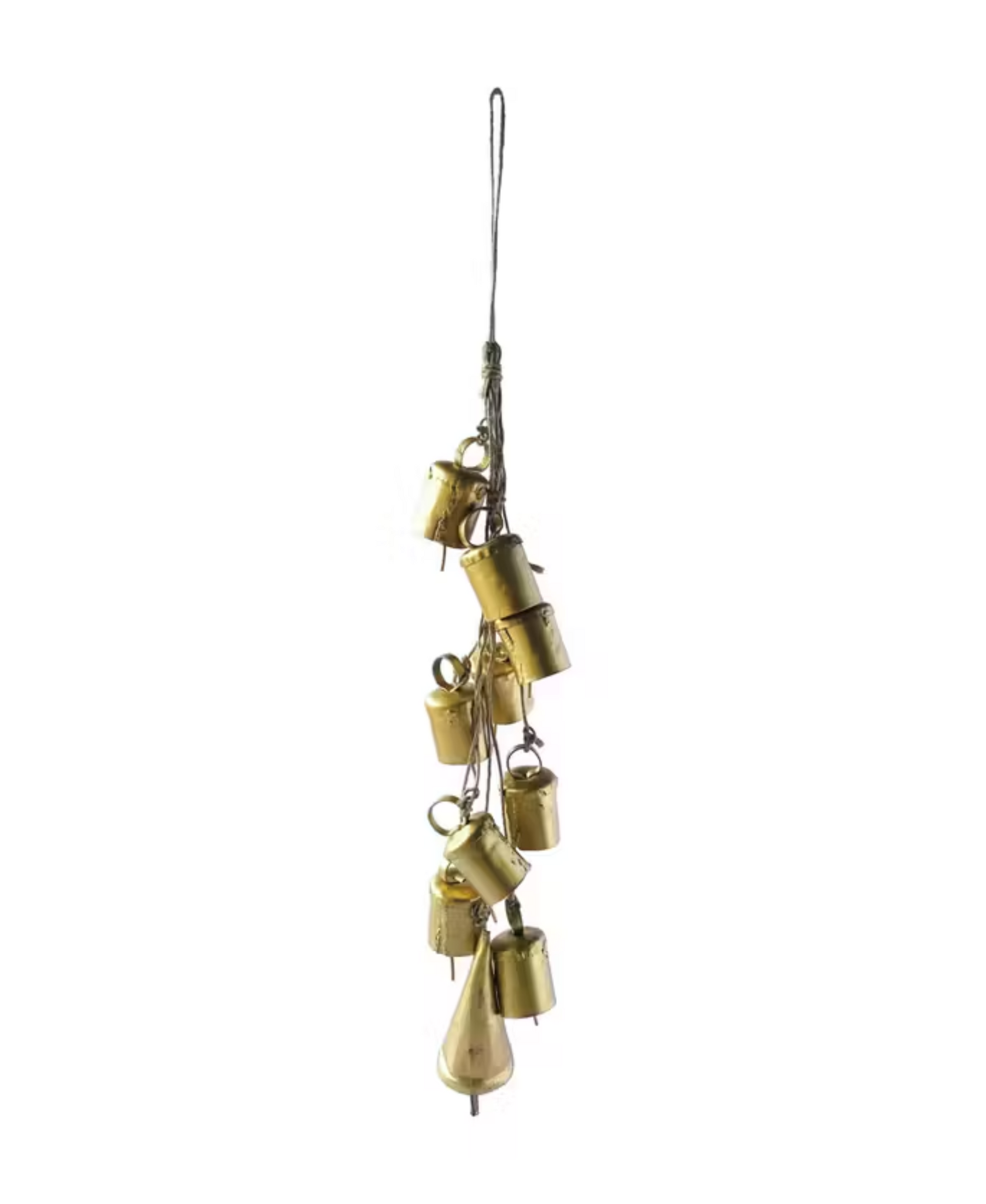 Handmade Hanging Metal Bells on Jute Rope, Gold Finish