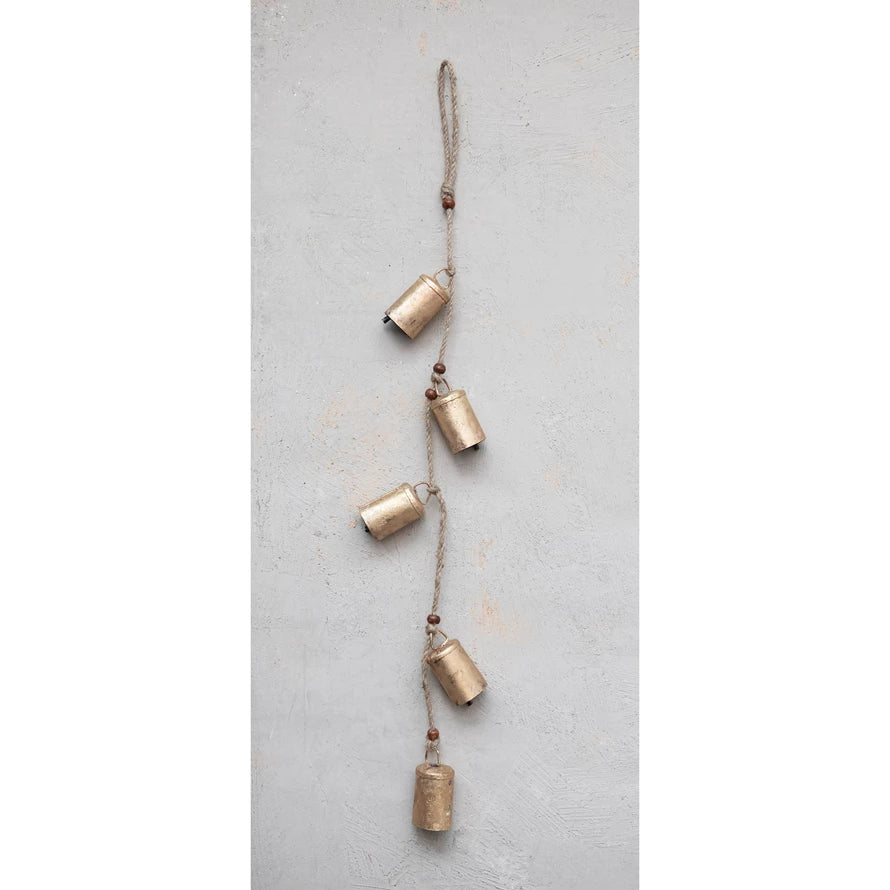 Hanging Metal Bells with Wood Beads and Jute Rope, Antique Brass Finish