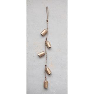 Hanging Metal Bells with Wood Beads and Jute Rope, Antique Brass Finish