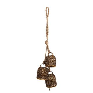 Hanging Metal Bells with Glass Beads, Glitter & Jute Rope, Antique Gold Finish