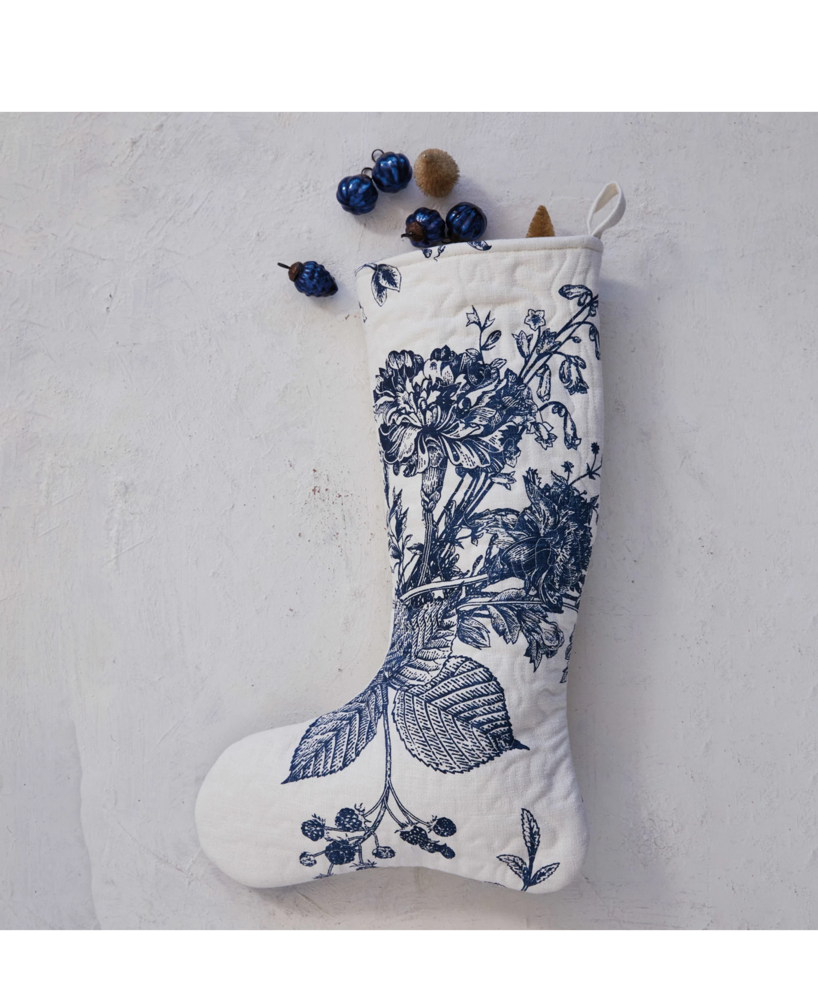 Quilted Cotton Printed Stocking w/ Botanical Print, White & Blue