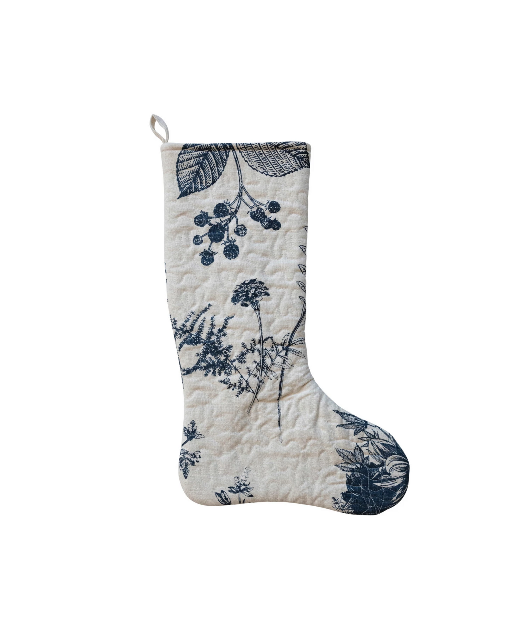 Quilted Cotton Printed Stocking w/ Botanical Print, White & Blue