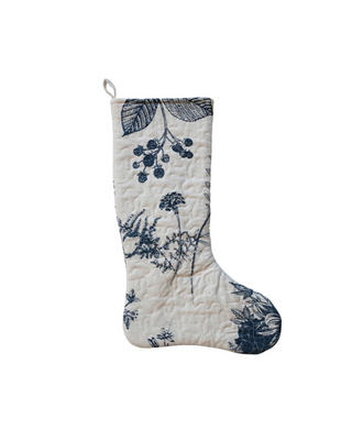 Quilted Cotton Printed Stocking w/ Botanical Print, White & Blue