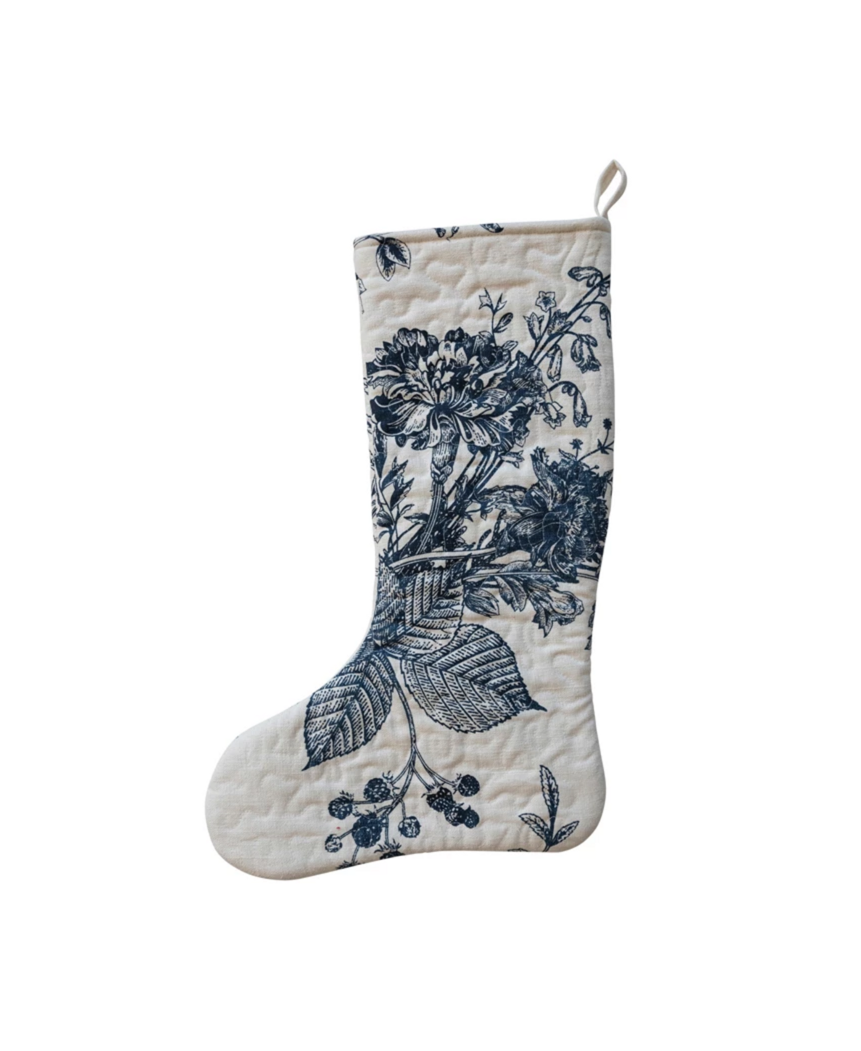 Quilted Cotton Printed Stocking w/ Botanical Print, White & Blue