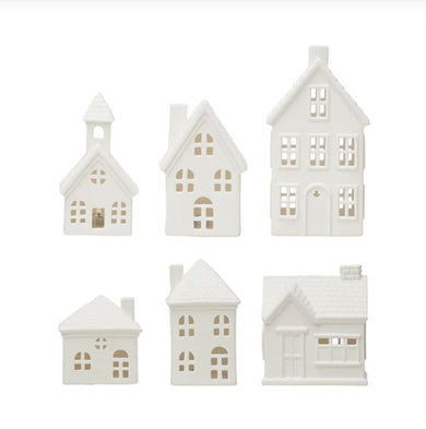 Stoneware Bisque Houses with LED Lights, White - Set of 6