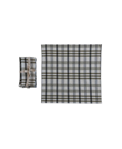 Stonewashed Cotton Napkins, White & Green Plaid, Set of 4