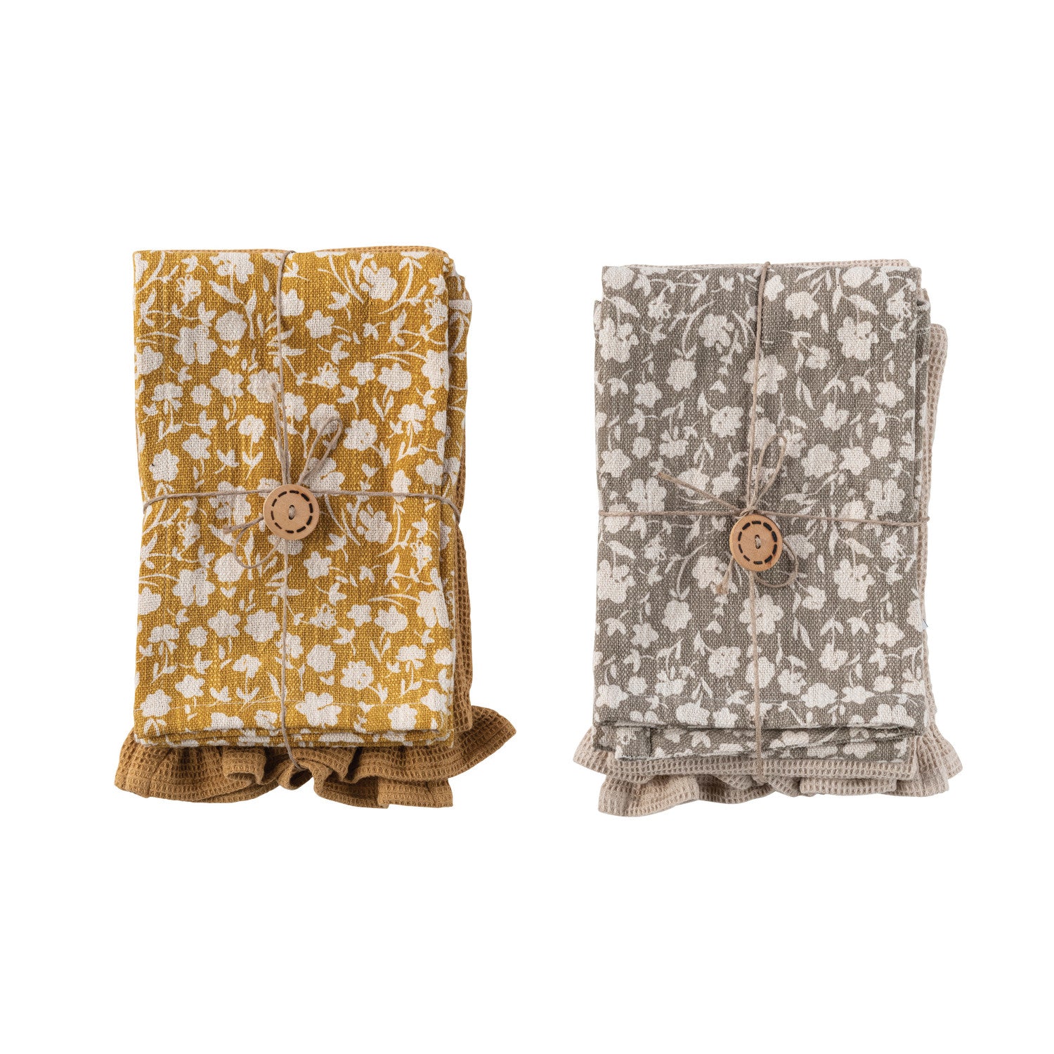 Cotton Slub Printed & Cotton Waffle Tea Towels - Set of 2