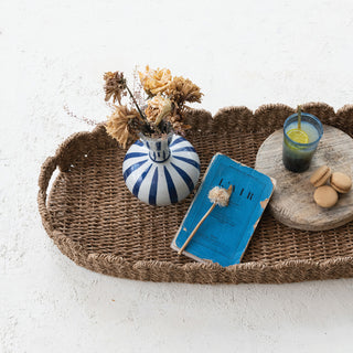 Decorative Hand-Woven Bankuan Scalloped Tray with Handles - Natural