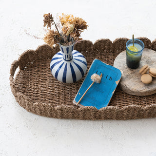 Decorative Hand-Woven Bankuan Scalloped Tray with Handles - Natural